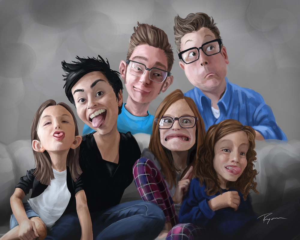 Illustrated family portrait.